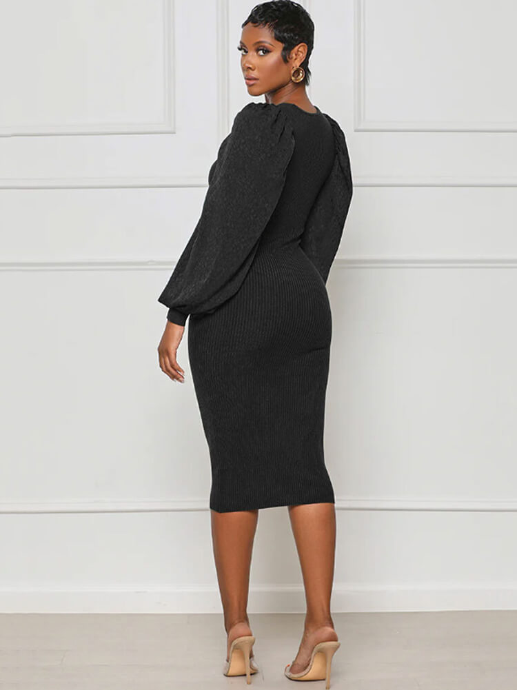 Ribbed Lantern Sleeve Patchwork Bodycon Midi Dresses