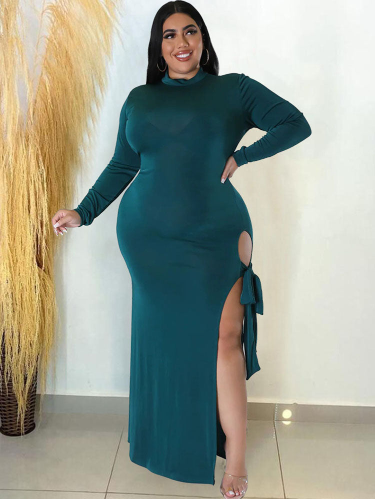 Plus Size Long Sleeve Lace Up Split Maxi Dresses