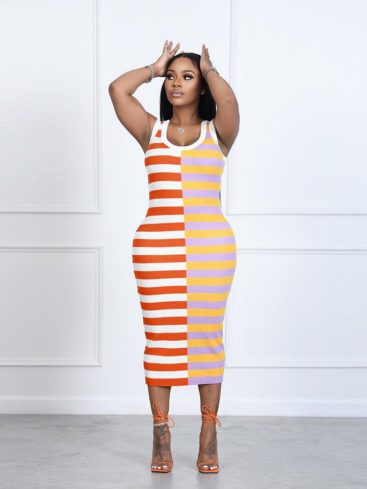 Sleeveless Bodycon Striped Ribbed Knit Midi Dresses