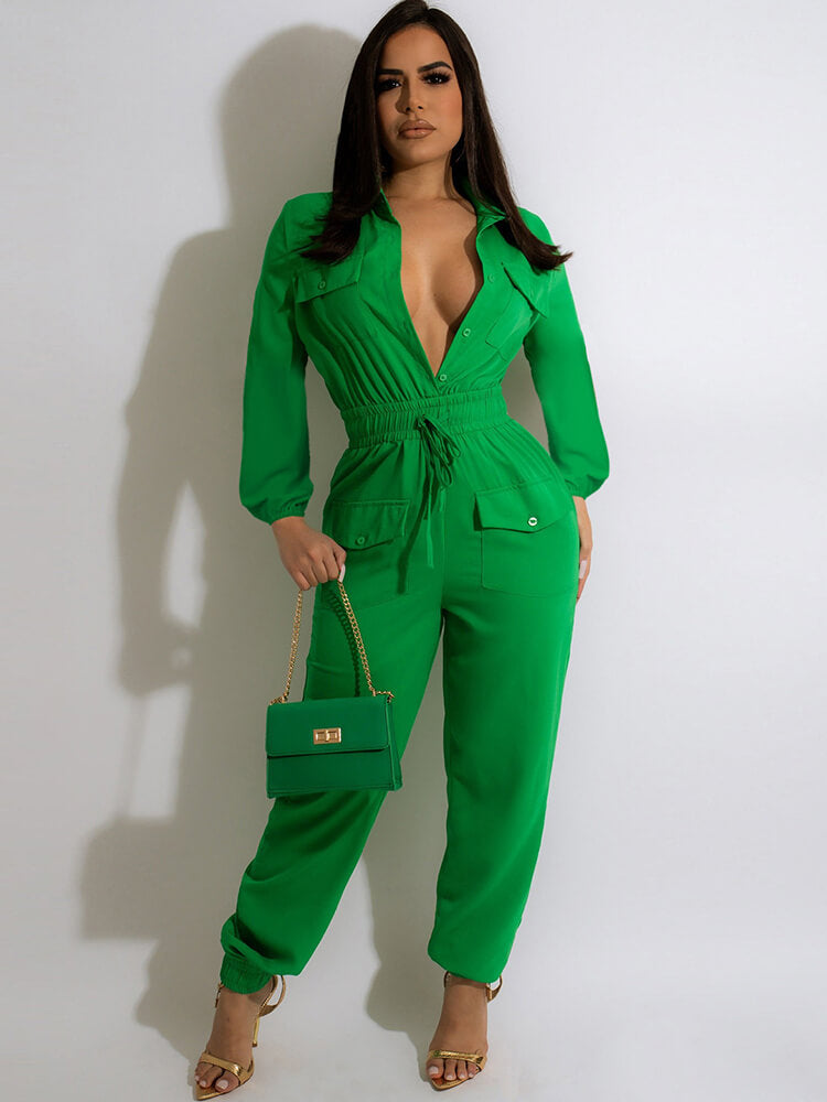 V Neck Button Down Long Sleeve Cargo JumpSuits