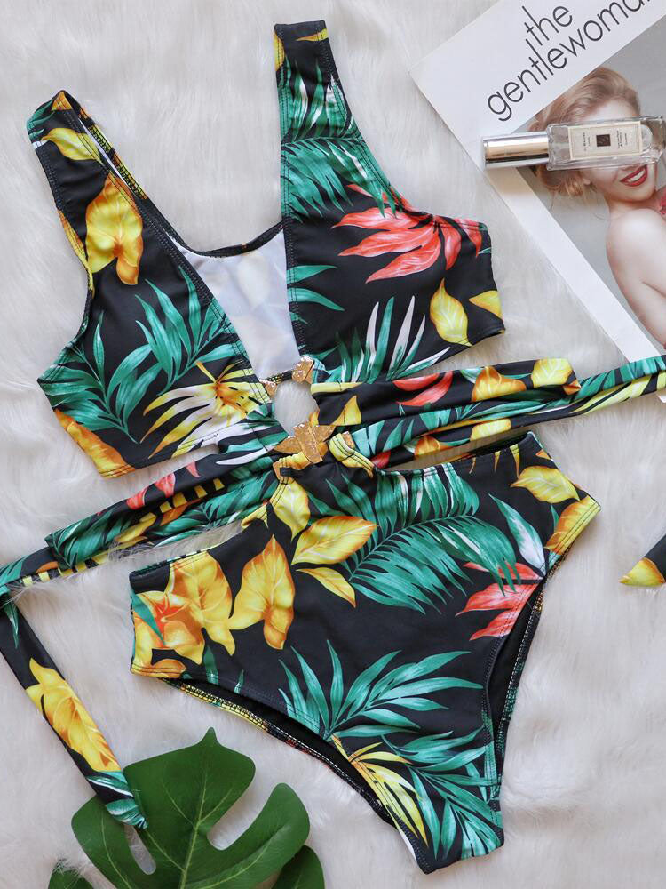 Sleeveless Backless Leaf Print Swimsuits