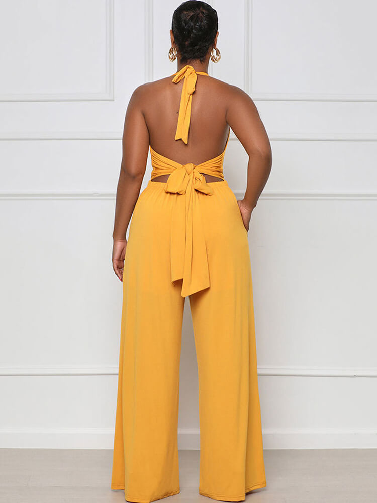 Halter Neck Backless Lace Up Wide Leg Jumpsuits