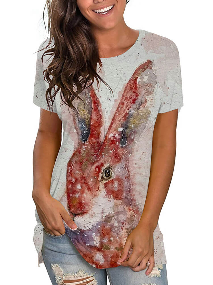 Plus Size Easter Short Sleeve Bunny Print T-shirt