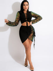 Sequin Patchwork Long Sleeve Crop Top & Mini Skirts