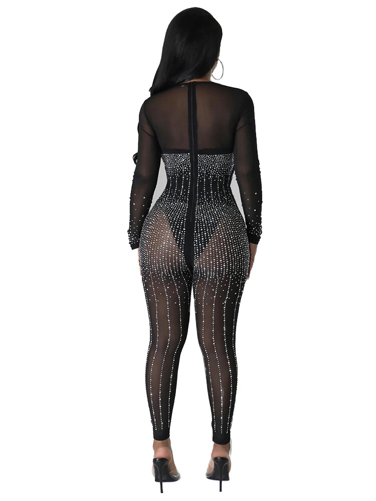 Long Sleeve Mesh Rhinestone Mesh Jumpsuits