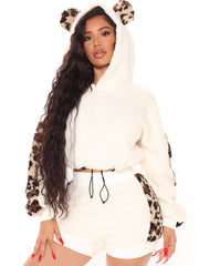 Two Piece Long Sleeve Leopard Hoodie & Shorts