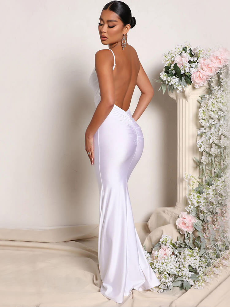 V Neck Backless Spaghetti Straps FishTail Maxi Dresses