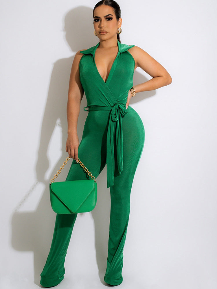 Sleeveless Collar Belt Solid Long Pants Rompers