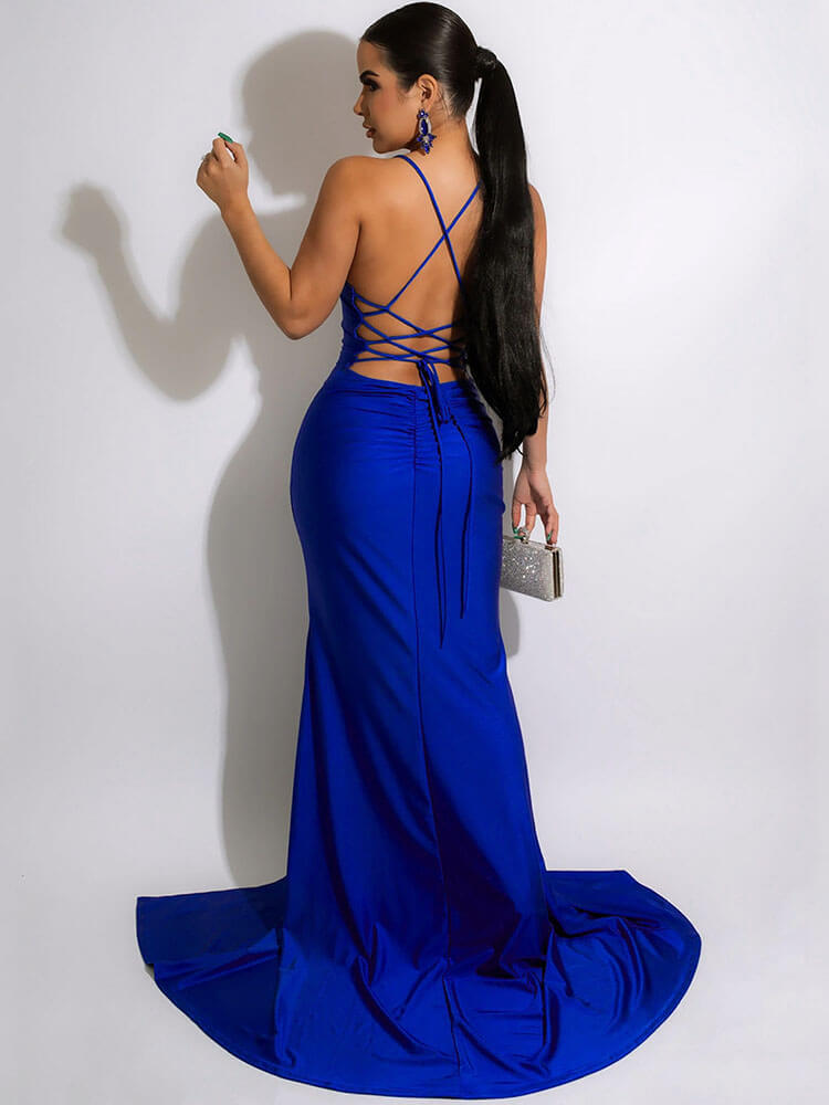 Spaghetti Straps Tie Back Side Slit Maxi Dresses