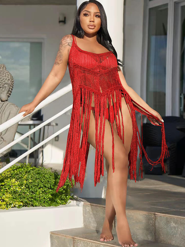 Glitter Sleeveless Crochet Tassel Cover Ups Mini Dresses