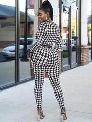 Houndstooth Long Sleeve Patchwork Bodycon Jumpsuit