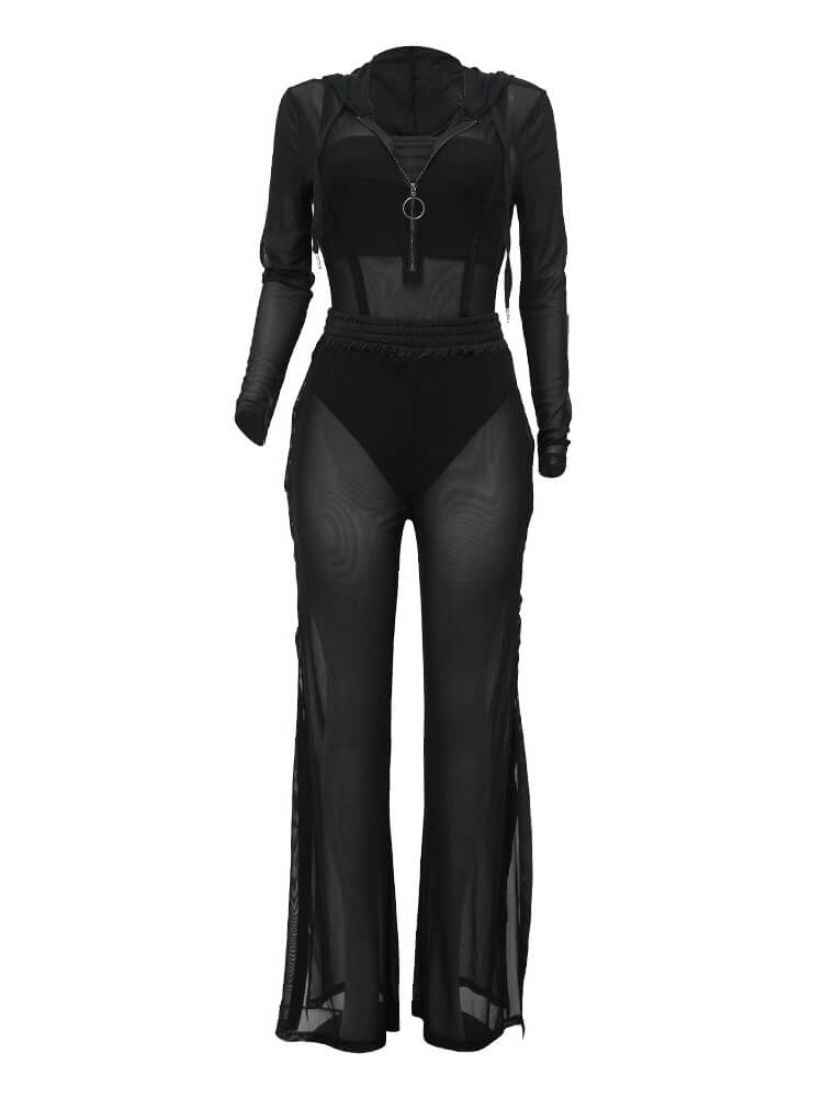 Three Piece Mesh Long Sleeve Pant Suits