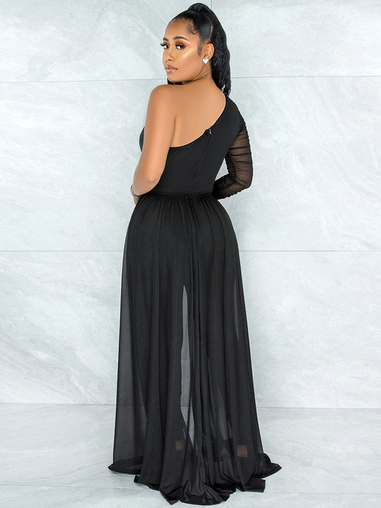 One Shoulder Mesh Patchwork Belted Jumpsuits