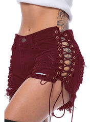 Lace Up Ripped Hole Tassel Shorts