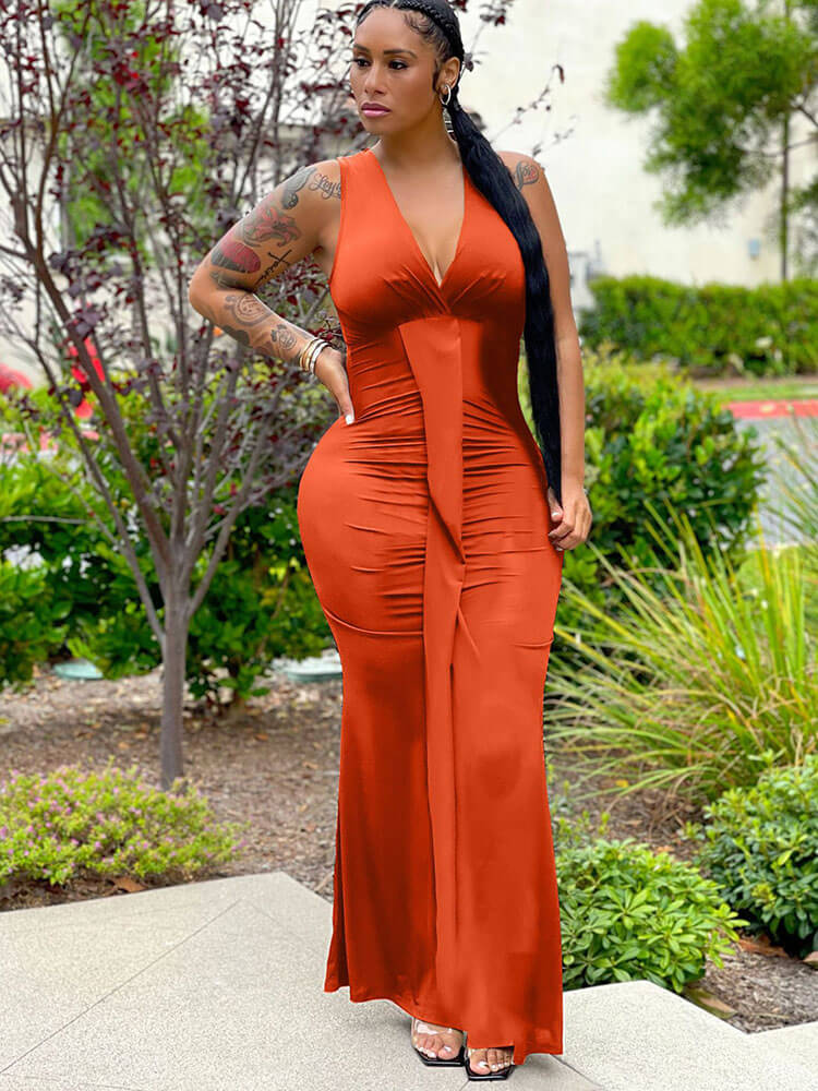 Sleeveless V Neck High Waist Maxi Dresses