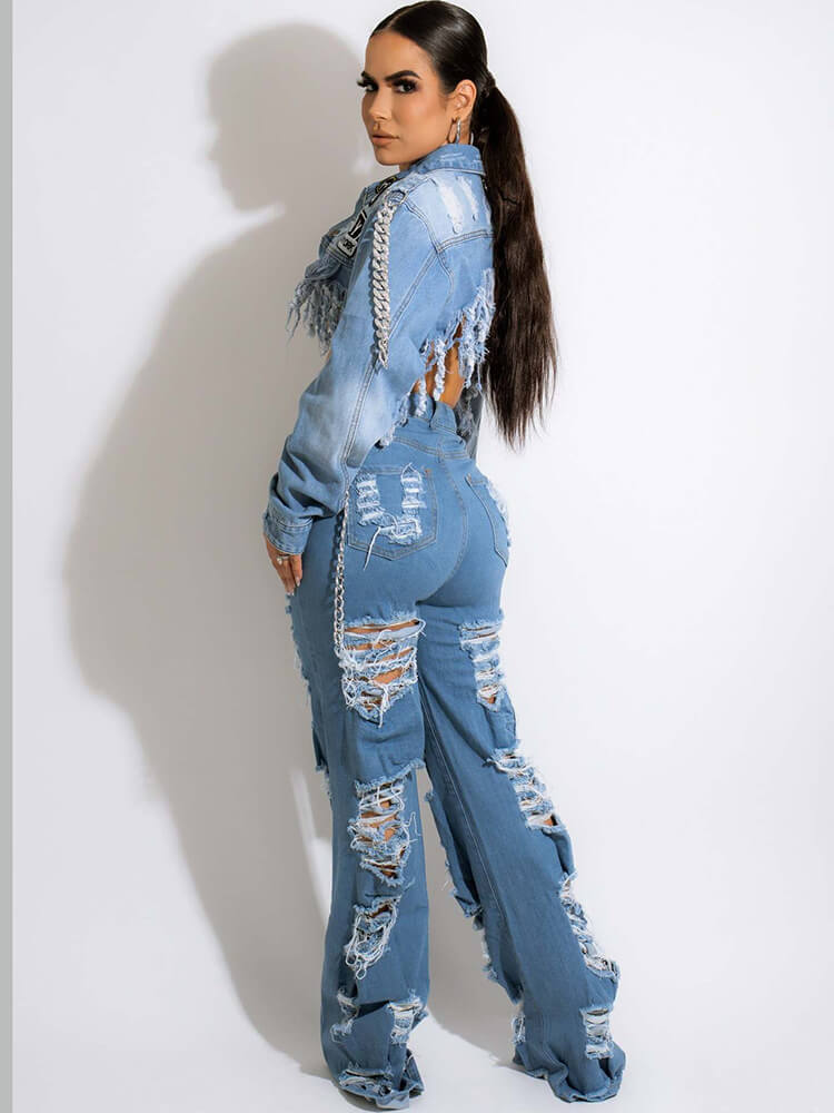 Denim Ripped High Waist Flare Pants