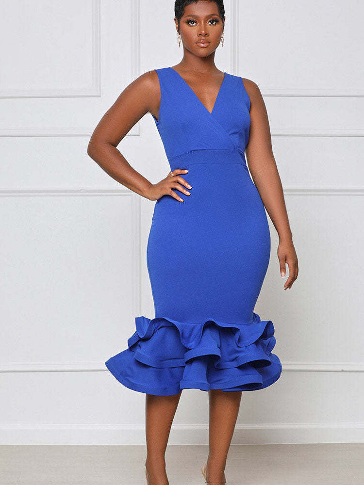 V Neck Ruffle Sleeveless Midi Dresses