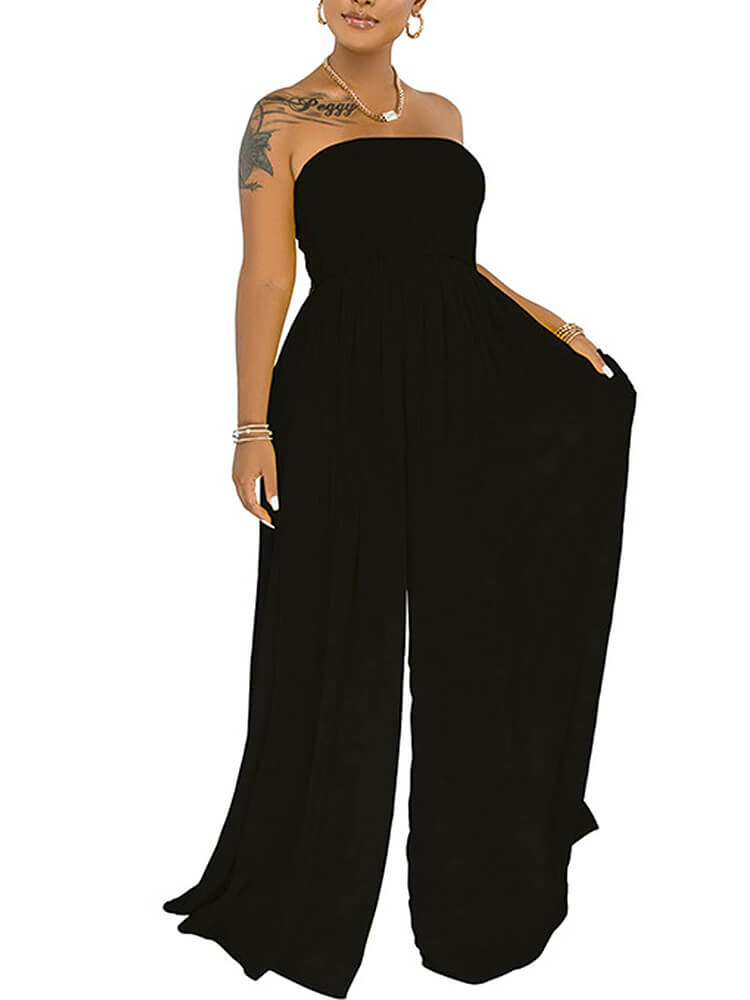 Off Shoulder Solid Color Wide Leg Jumpsuits