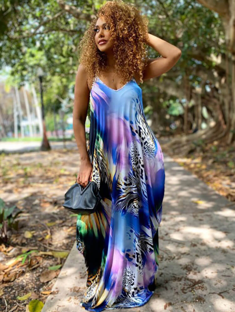 Spaghetti Strap Tie Dye Print Maxi Dress