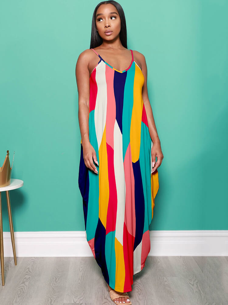 Spaghetti Strap Color Block Maxi Dress