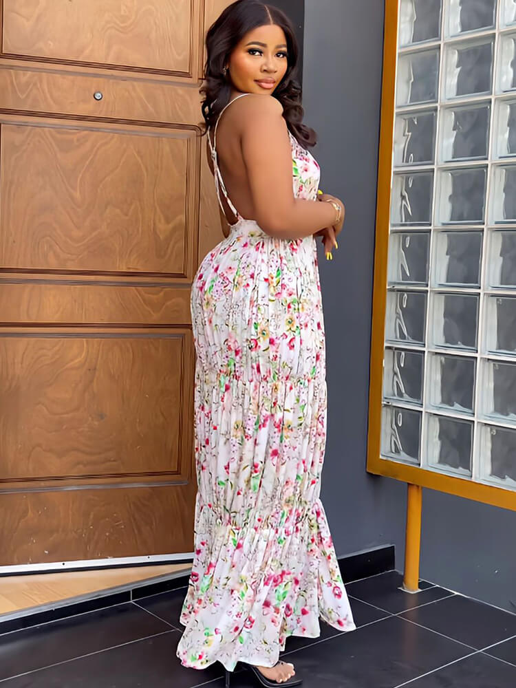 Spaghetti Strap Floral Print Backless Maxi Dresses