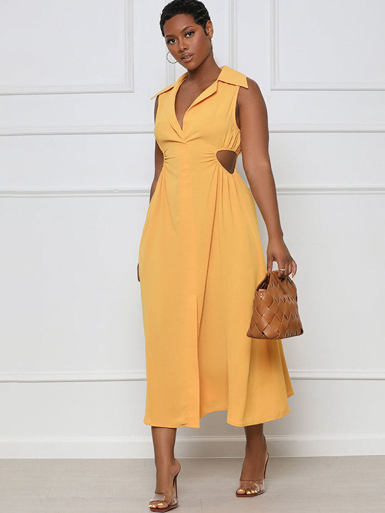 Lapel V Neck Sleeveless Maxi Dresses