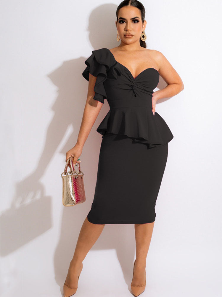 One Shoulder Ruffle Bodycon Midi Dress