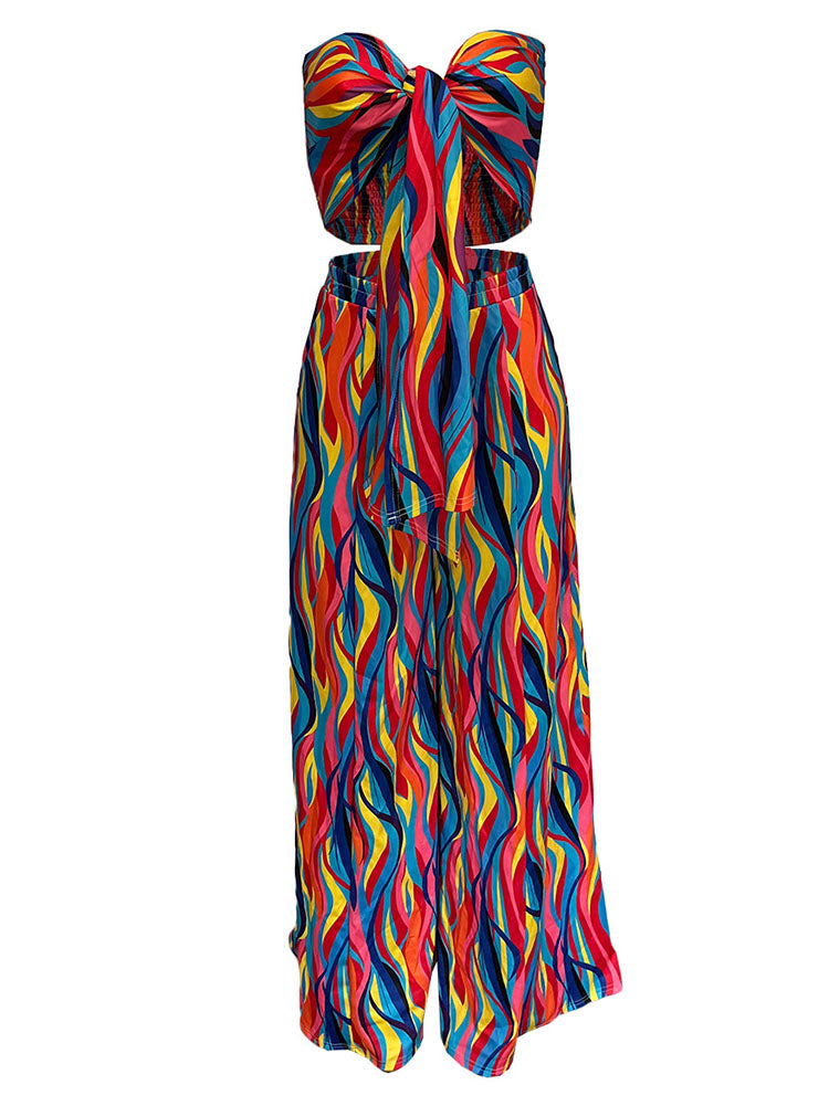 Two Piece Colorful Tube Top & Wide Leg Pants