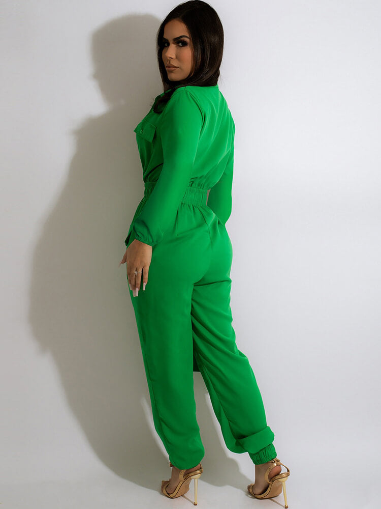 V Neck Button Down Long Sleeve Cargo JumpSuits