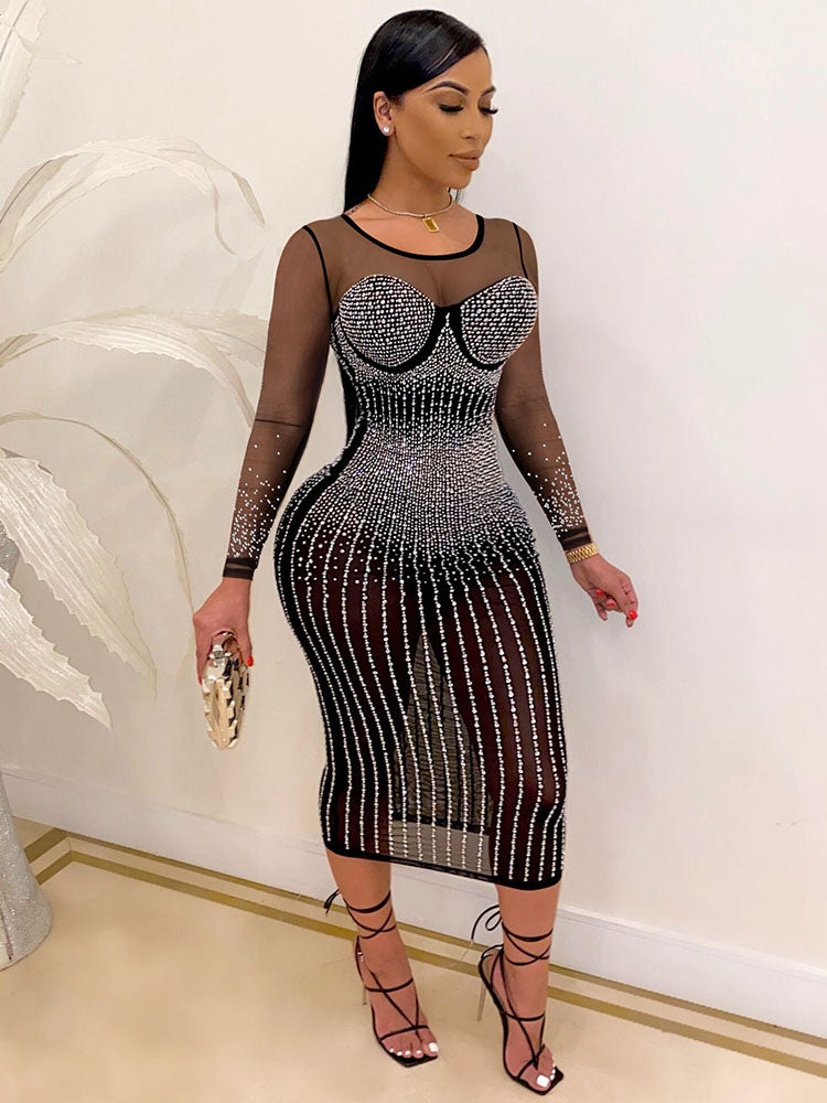 Plus Size Hot Drilling Mesh Long Sleeve Midi Dresses