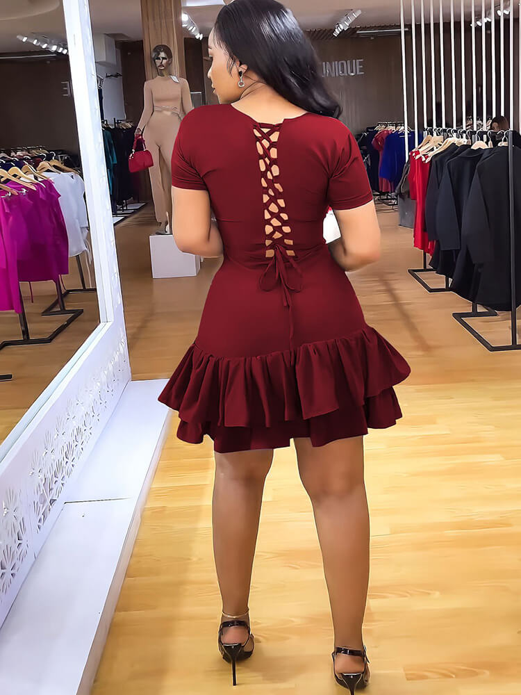 Short Sleeve Criss Cross Ruffle Mini Dresses