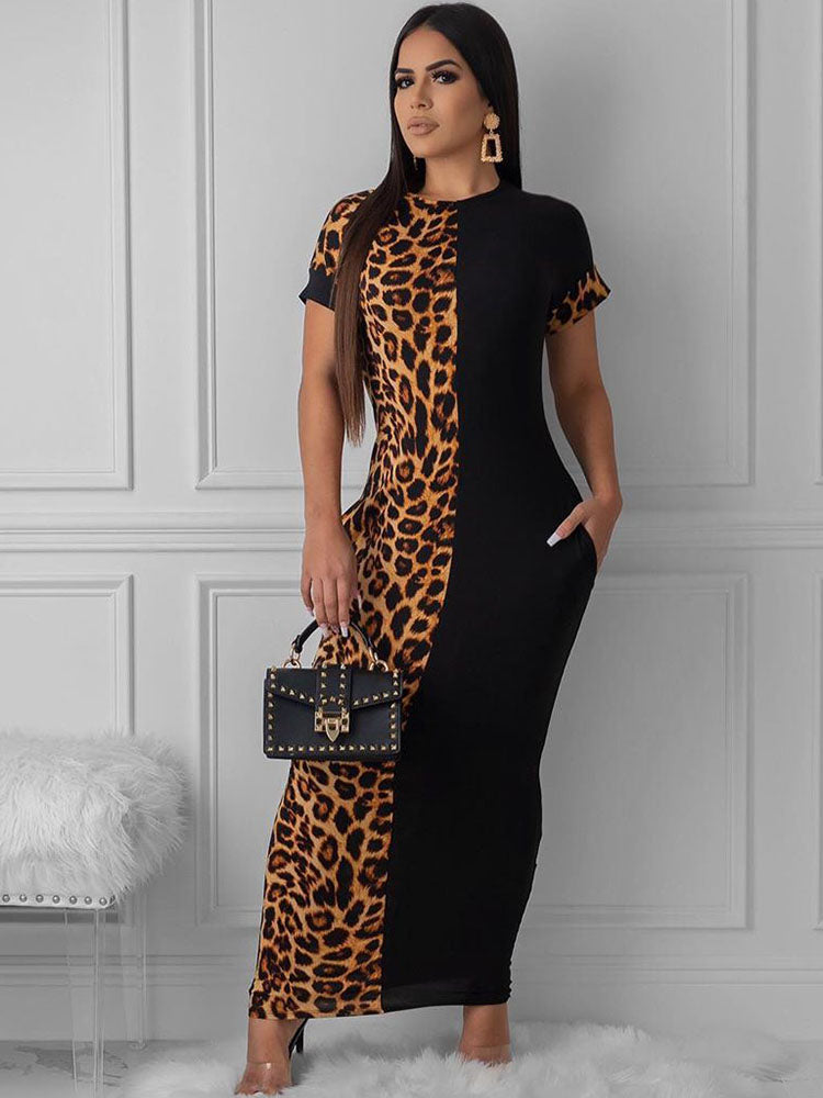 Short Sleeve Leopard Printed Patchwork Maxi Dress