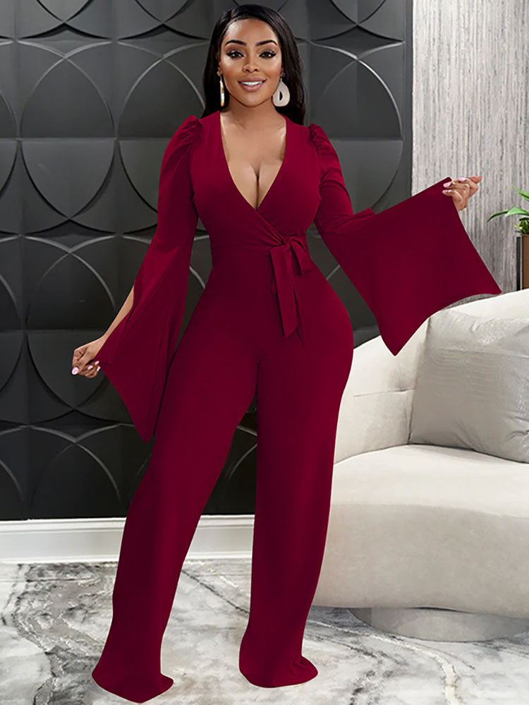 Long Sleeve Tie Up V Neck Jumpsuits