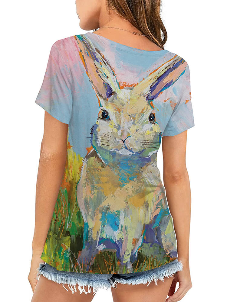 Plus Size Easter Short Sleeve Bunny Print T-shirt