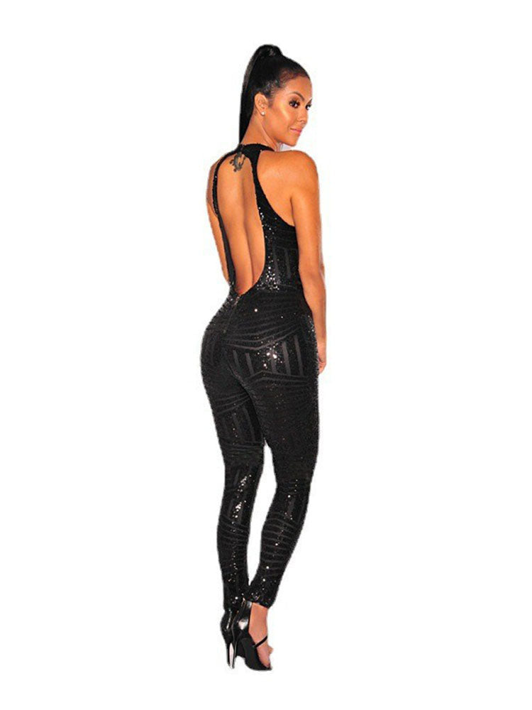 Sleeveless Halter Backless Sequin Bodycon Jumpsuits