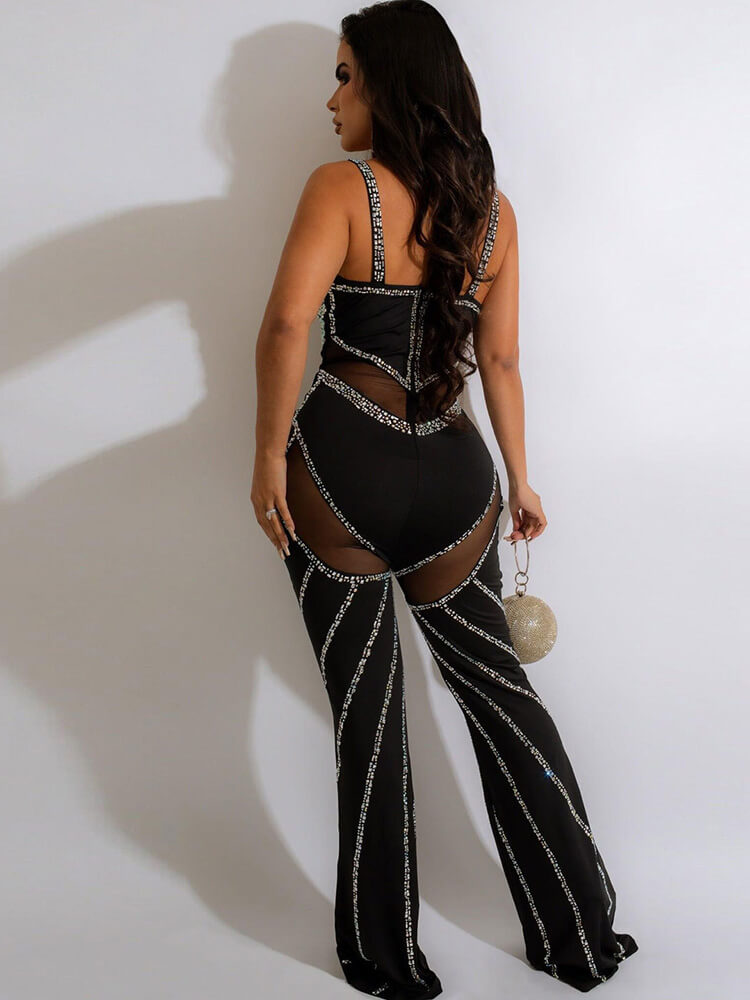 Rhinestone Spaghetti Strap Mesh Patchwork Jumpsuits