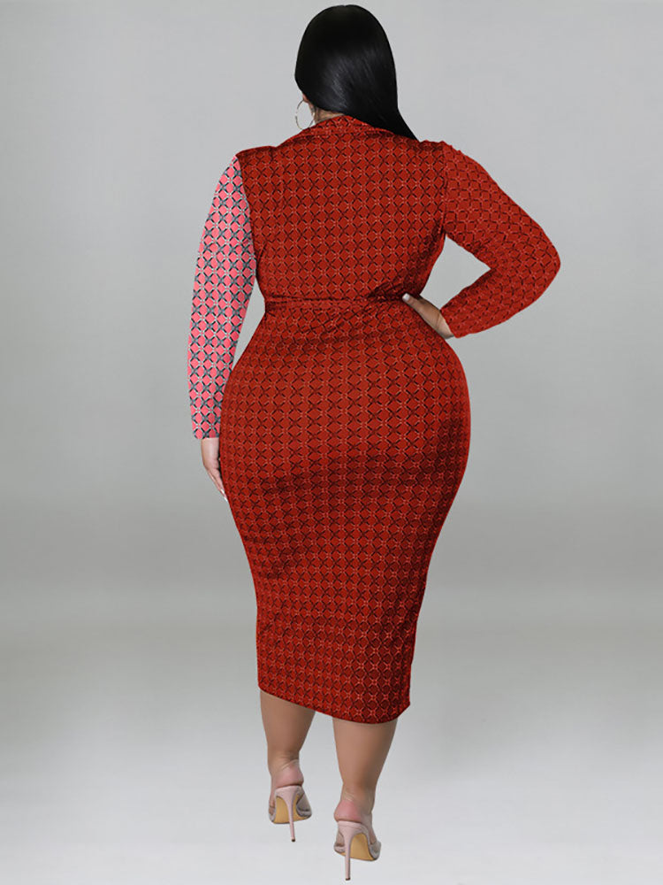 Plus Size Color Block Belted Midi Dresses