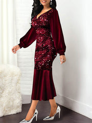 Lantern Sleeve Sequin Patchwork Midi Dresses