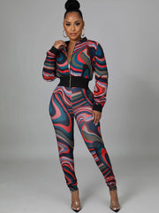 Two Piece Graffiti Zipper Jackets & Skinny Pants