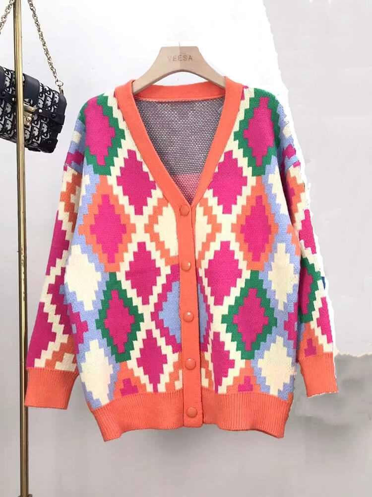 Knit Long Sleeve Color Block Plaid Printed Jackets