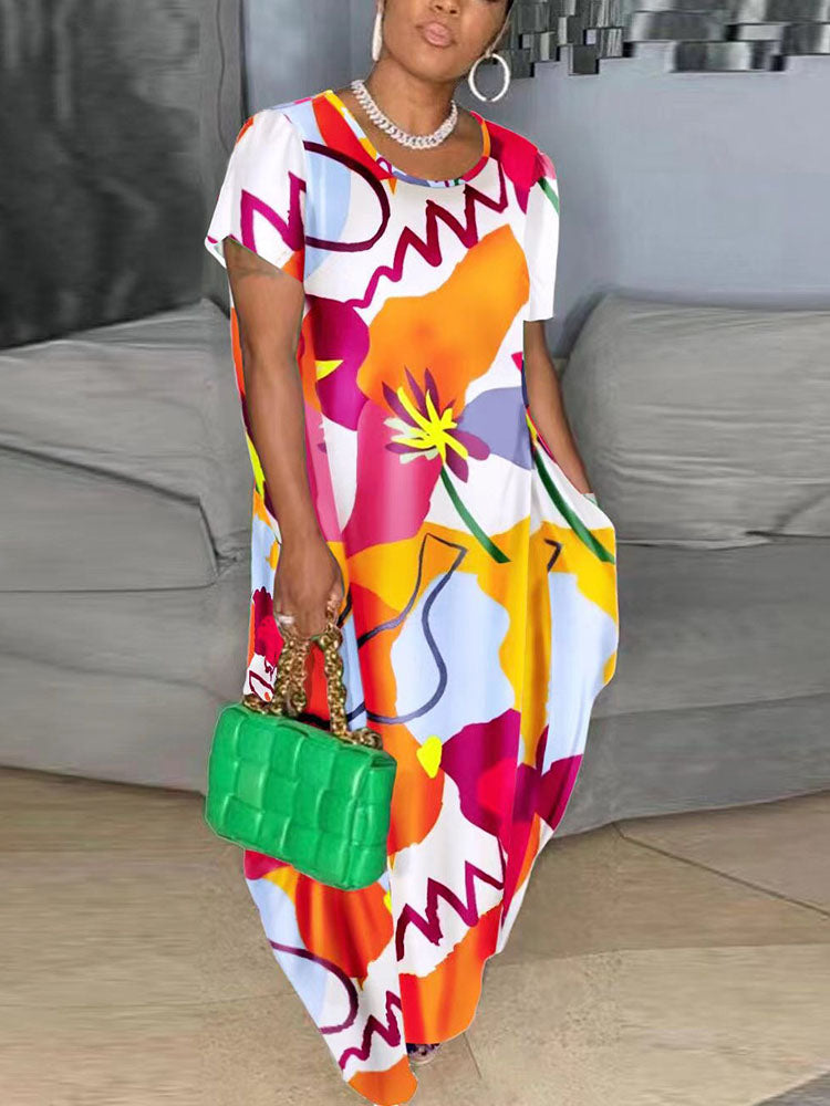 Stylish Short Sleeve Plus Size Floral Print Maxi Dress