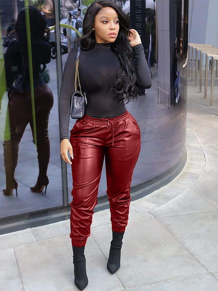 Solid Color Drawstring Waist Leather Long Pants