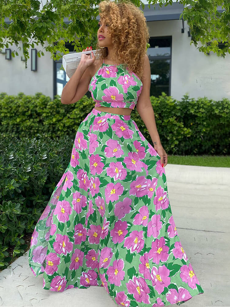 Two Piece Floral Print Crop Top & Maxi Skirt