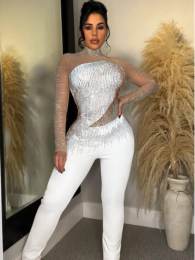 Glitter Rhinestone Mesh Patchwork Bodycon Jumpsuits