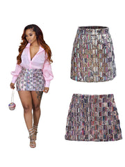 Sequin Patchwork Striped Print Mini Skirts