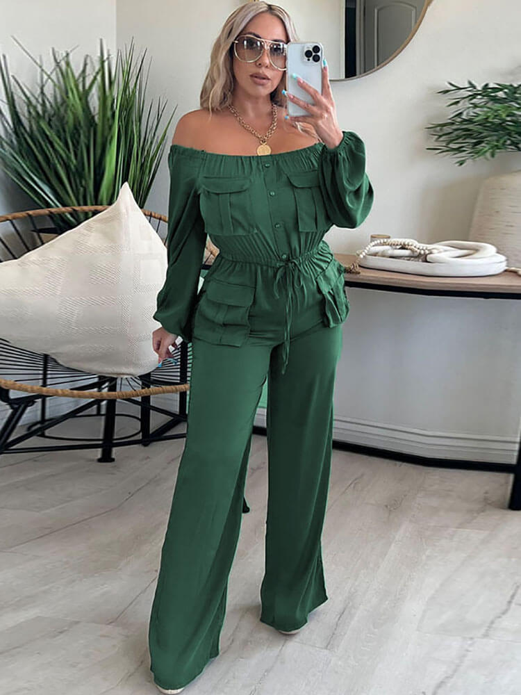 Off Shoulder Long Sleeve Strappy Waisted Jumpsuits