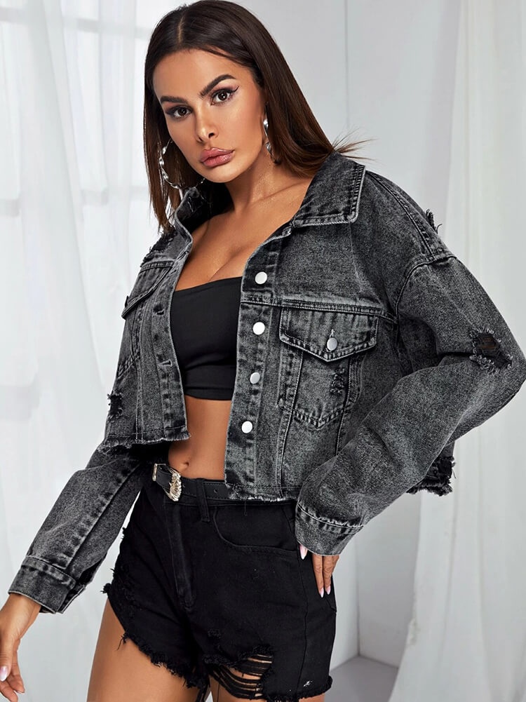 Denim Long Sleeve Ripped Hem Short Jackets