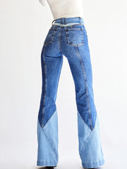 Denim Color Block Flare Jeans With Belt