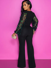 Sequin Mesh Lantern Sleeve Patchwork Jumpsuits