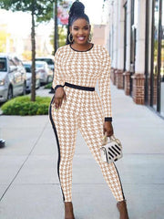 Houndstooth Long Sleeve Patchwork Bodycon Jumpsuit